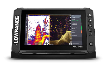 Lowrance Elite FS 9 display shows bright sonar and chart data clearly for on‑water use.