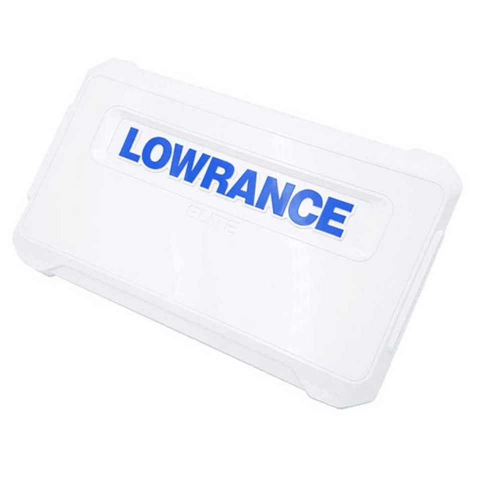 Lowrance suncover front view showing white finish and blue Lowrance logo protecting display