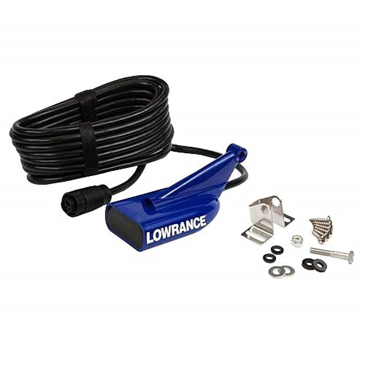 Lowrance HDI Skimmer MED/HIGH 455/800kHz transducer with dual elements and temperature sensor for precise sonar readings.