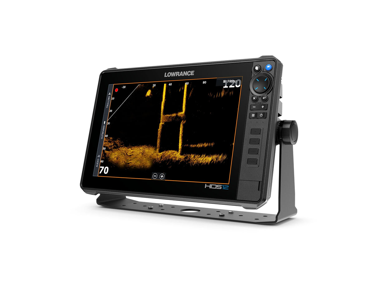 Lowrance HDS PRO 12 ActiveImaging transducer delivers ultra HD CHIRP, SideScan, and DownScan.