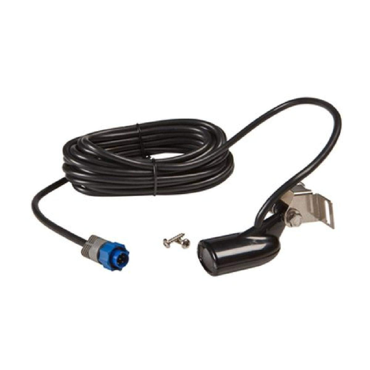 Lowrance HST-WSBL front view showing skimmer housing and durable finish for reliable sonar
