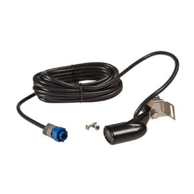Lowrance HST-WSBL front view showing skimmer housing and durable finish for reliable sonar