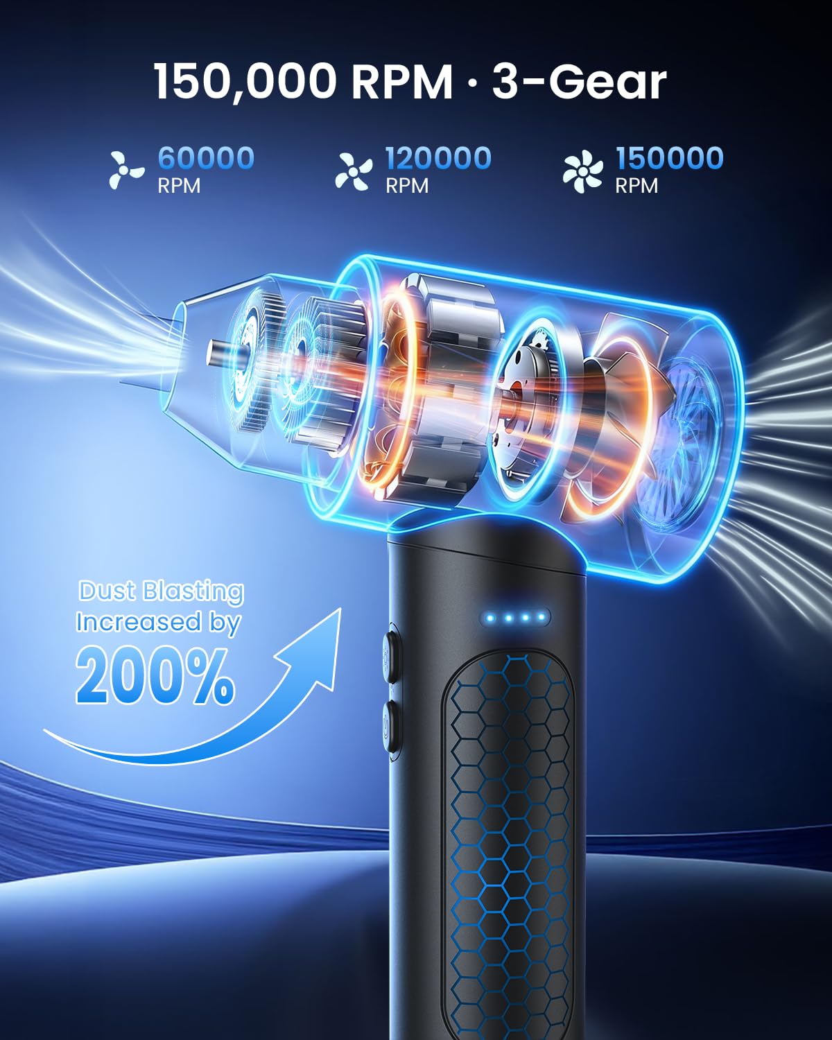 LOXP air duster with LED light reveals hidden dust for precision cleaning.