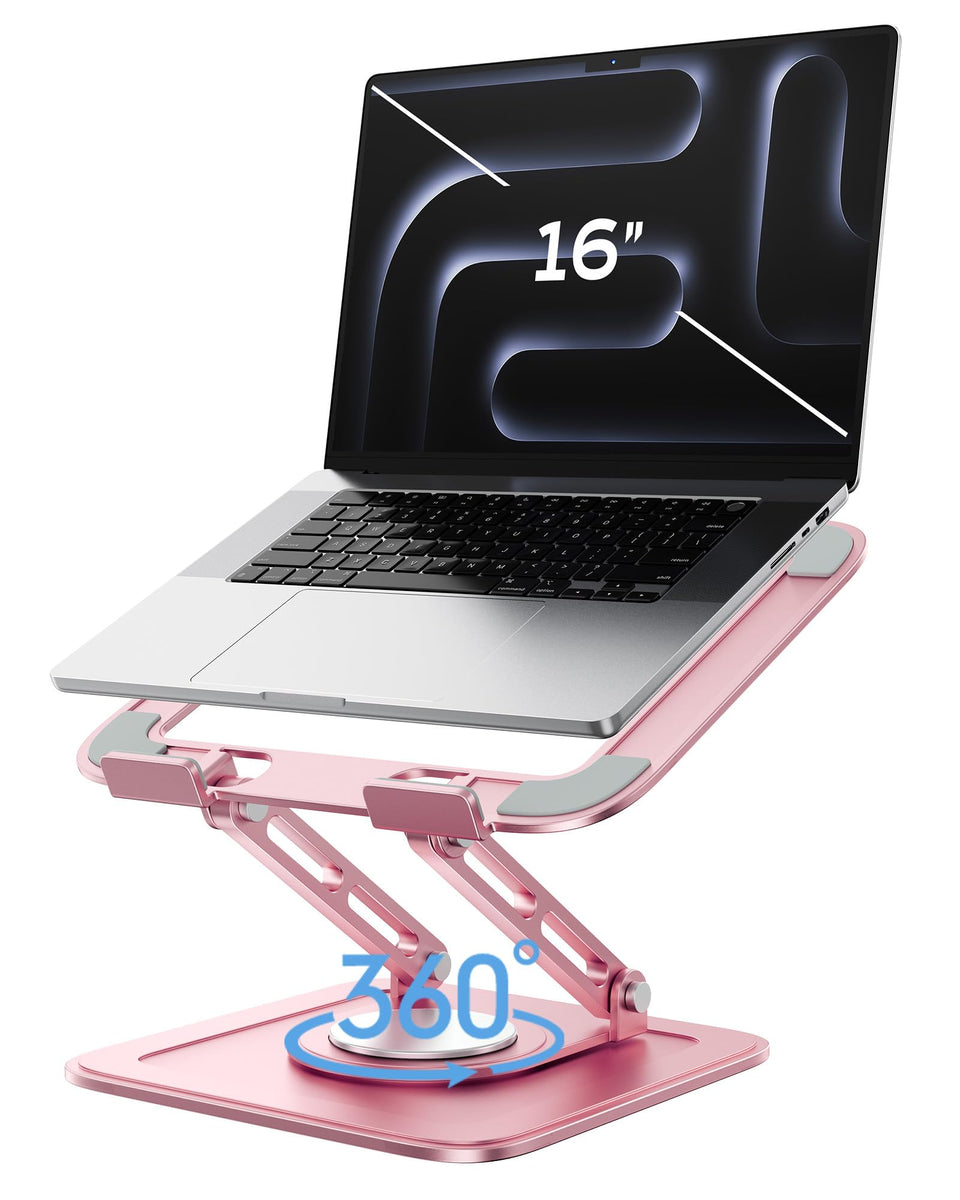 LOXP front view showing pink laptop stand and clear benefits of stability