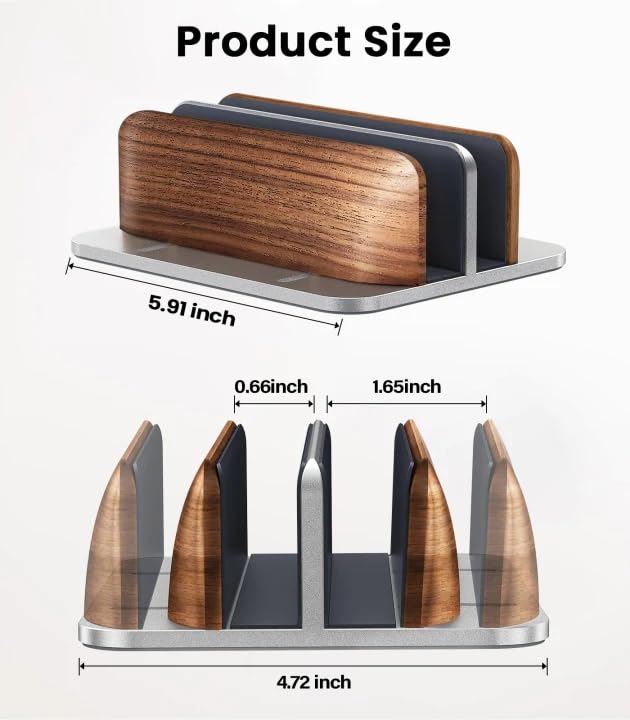 Space-saving vertical rack frees desk surface while tidying devices.