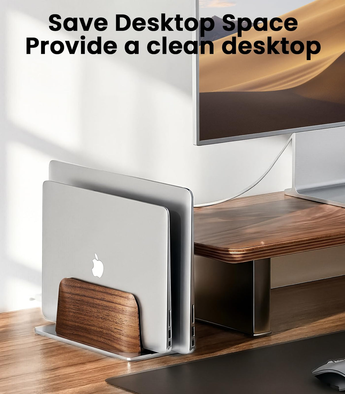 Walnut wood and aluminum base create a modern, sturdy desk centerpiece.