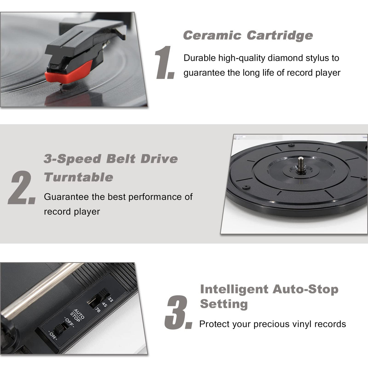 LP&No.1 3-speed belt-drive turntable supports 33/45/78 RPM
