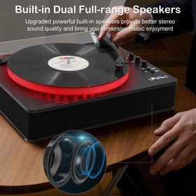 LP&No.1 record player 3-speed belt-drive supports multiple vinyl sizes.