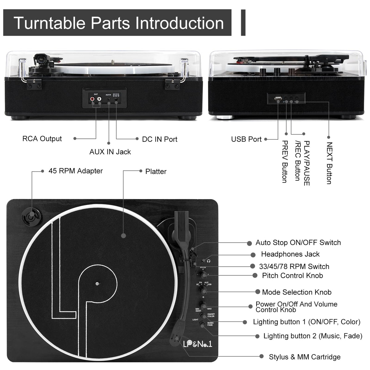 LP&No.1 auto-stop and pitch control simplify playback adjustments.