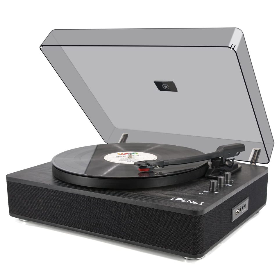 LP&No.1 record player front view with built-in speakers in black wood finish