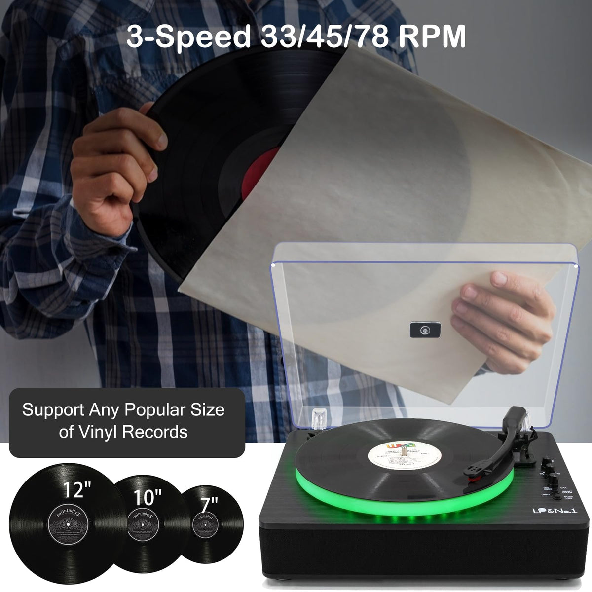 LP&No.1 record player LED lighting creates ambiance during listening sessions.