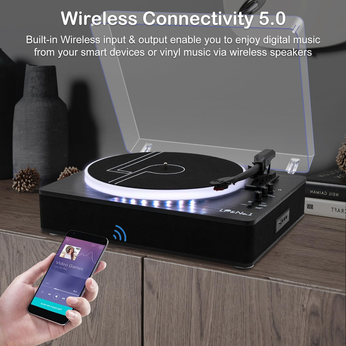 LP&No.1 record player wireless input/output enables streaming and wireless playback.