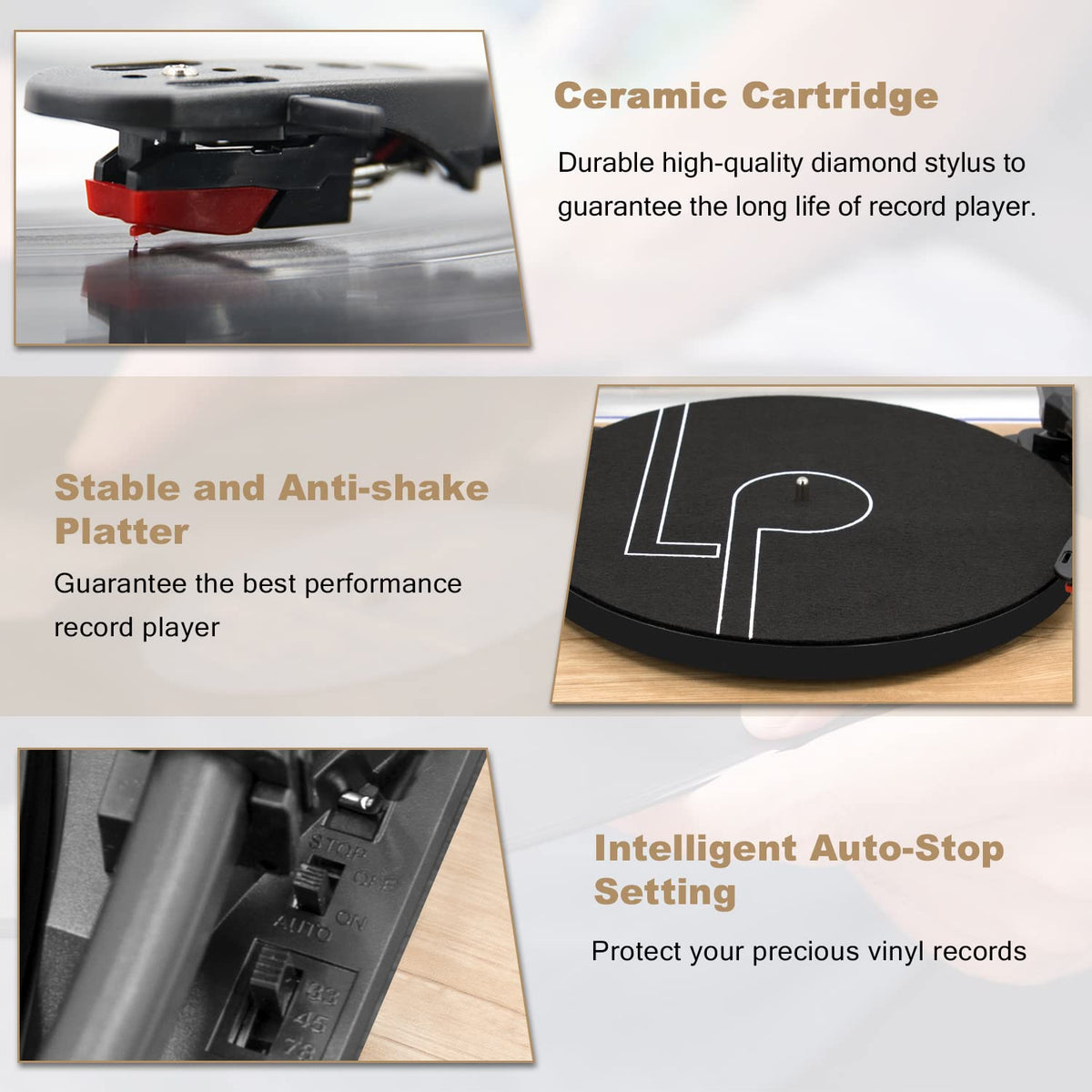 LP&No.1 vinyl turntable with 3-speed belt-drive for versatile playback options.