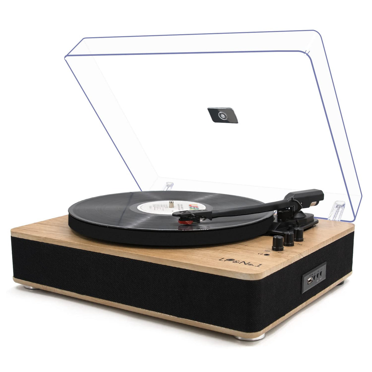 LP&No.1 vinyl turntable in light wood, front view, ideal for stylish living room setups.