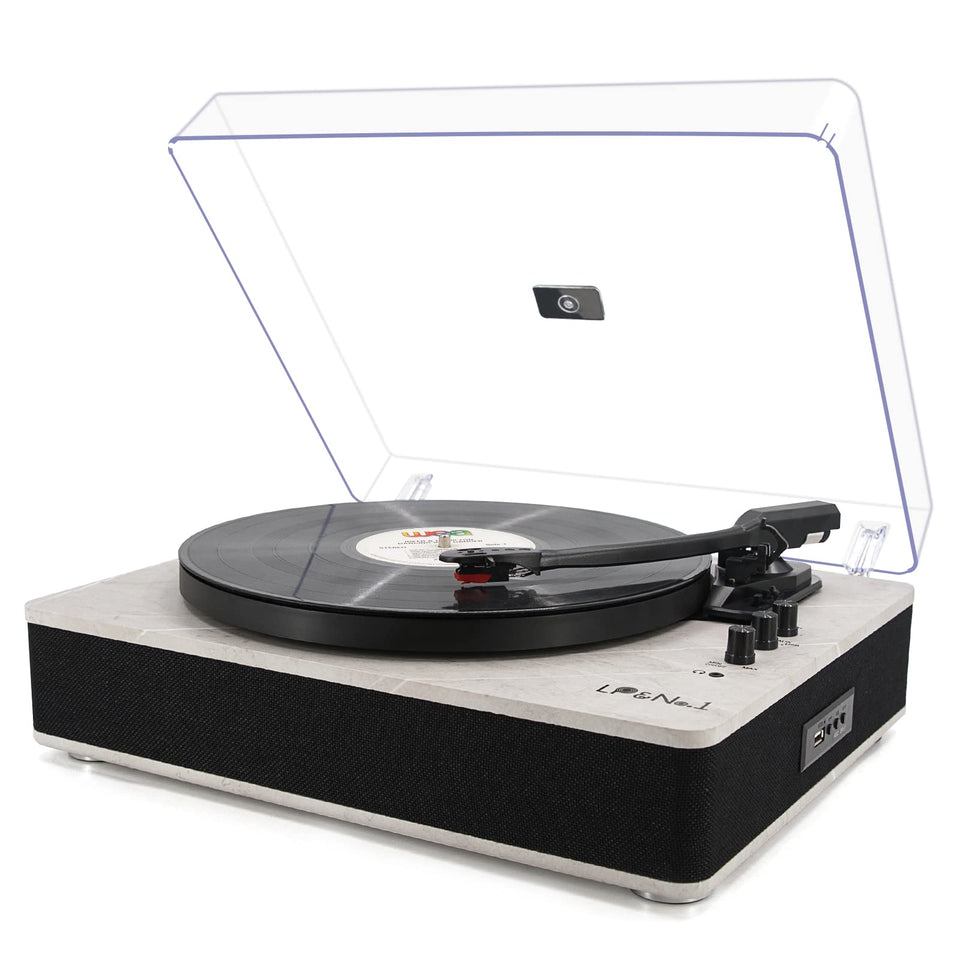 LP&No.1 record player with marble grain and Bluetooth streaming for easy listening.