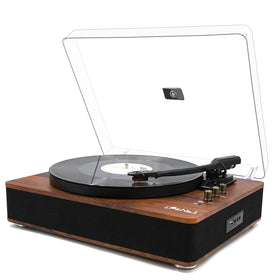 LP&NO.1 record player with vintage wood design enhances warm, retro room ambiance.