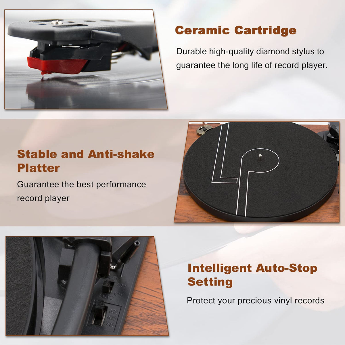 LP&NO.1 offers RCA output and built-in speakers for bigger room sound.