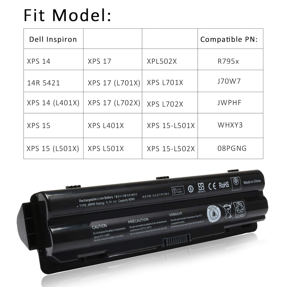 LQM 90Wh battery certification marks highlight CE and FCC safety compliance.