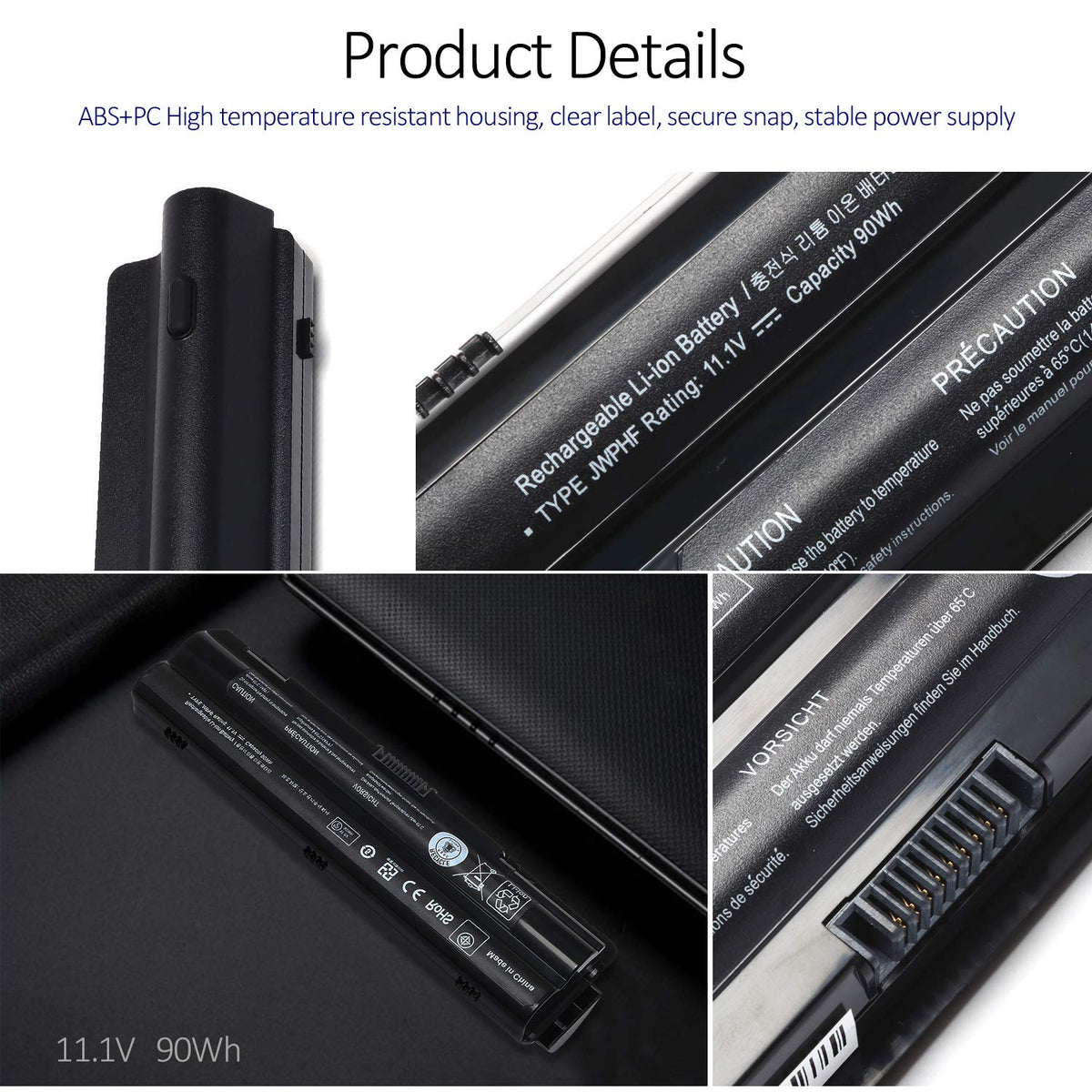 LQM 90Wh battery connectors close-up for secure link to Dell XPS boards.