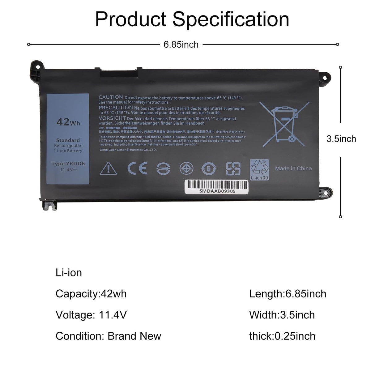 LQM YRDD6 battery side connectors ready for Dell replacement