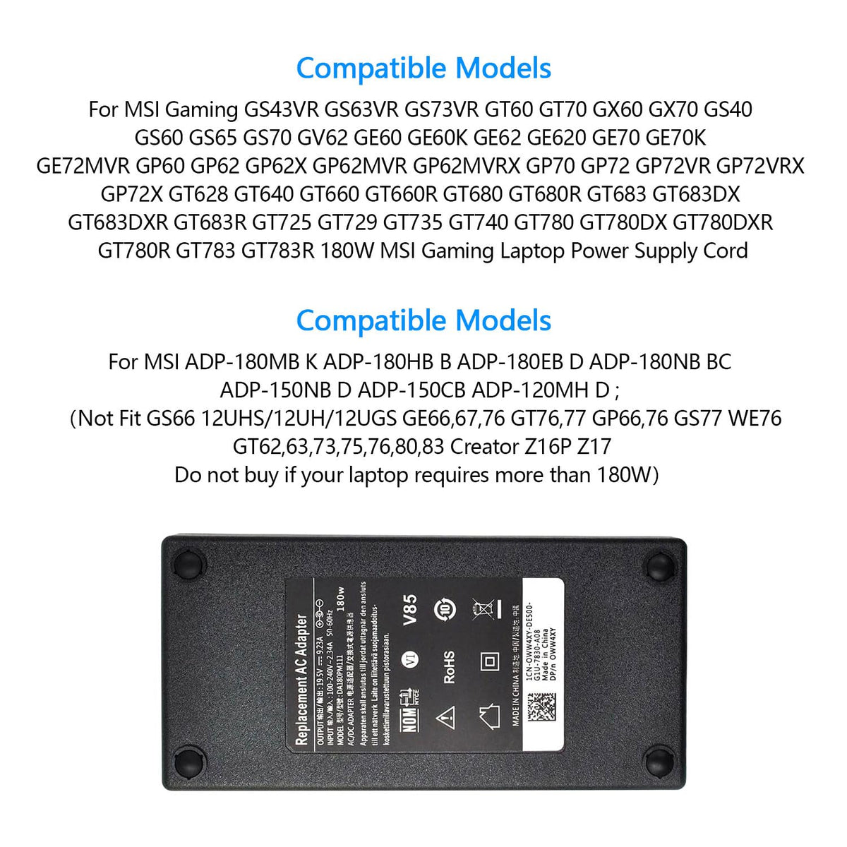 Lrker 180W MSI power cord included for ready-to-use setup.