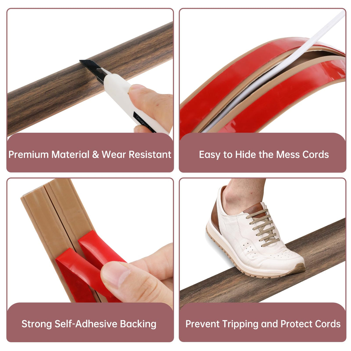 LSGCQ low-profile floor cord cover hiding cables while wheels roll smoothly