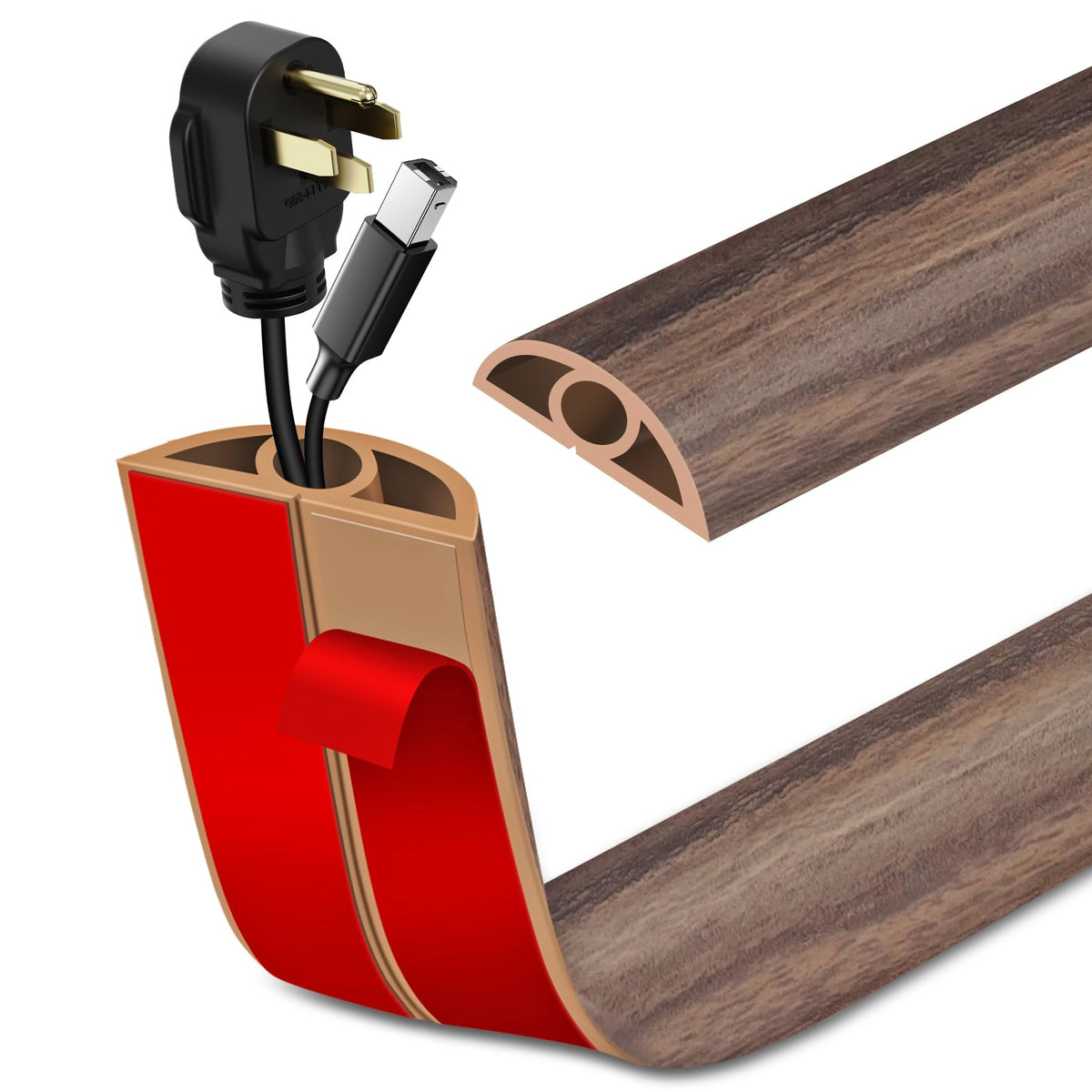 LSGCQ floor cord cover in smoked brown wood conceals cables for safer floors