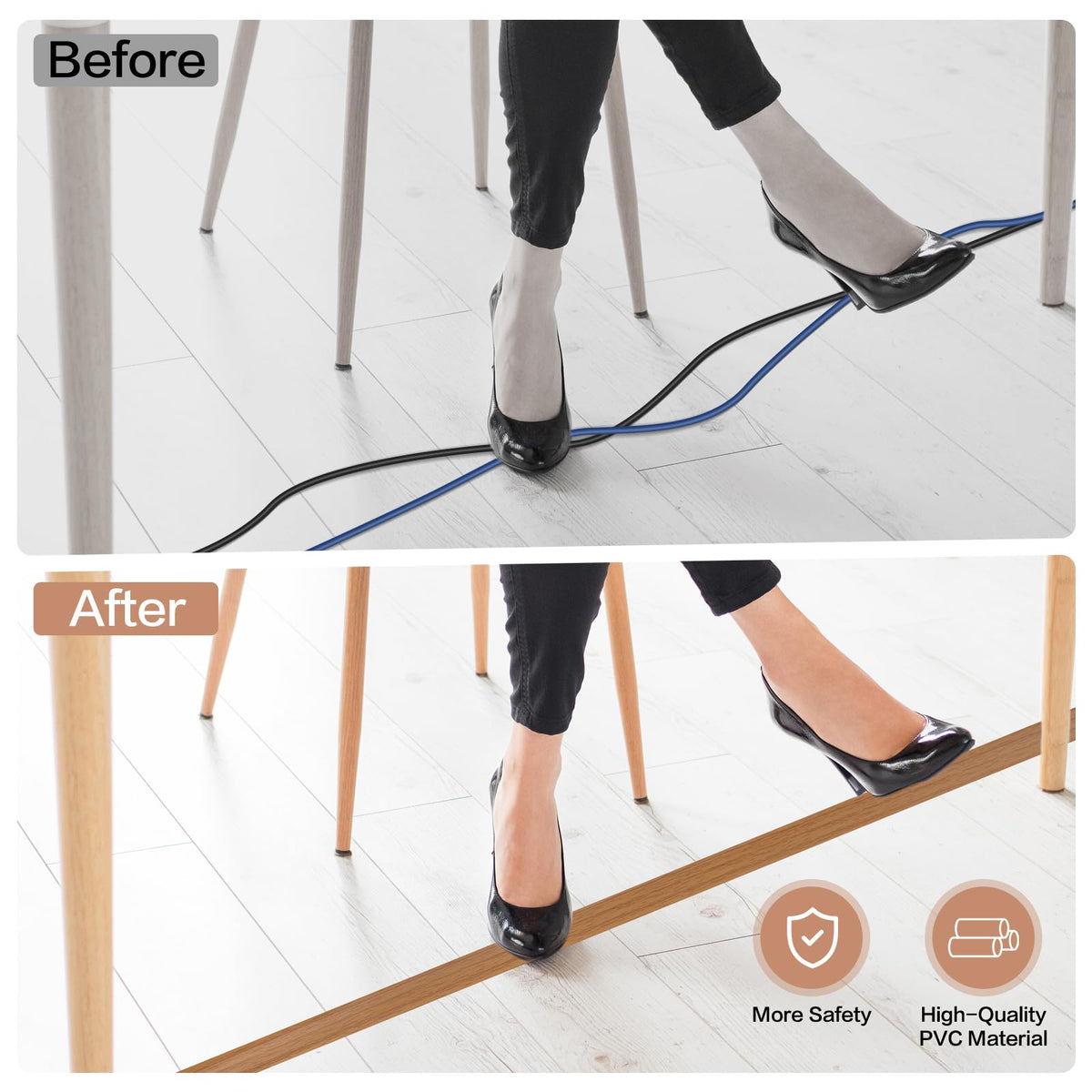 LSGCQ Floor Cord Cover in wood tone blends with decor for a clean look.