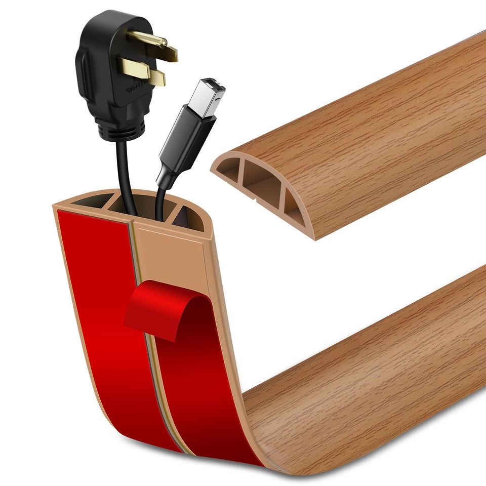 LSGCQ front view of light brown wood cord cover showing packaging and length benefit