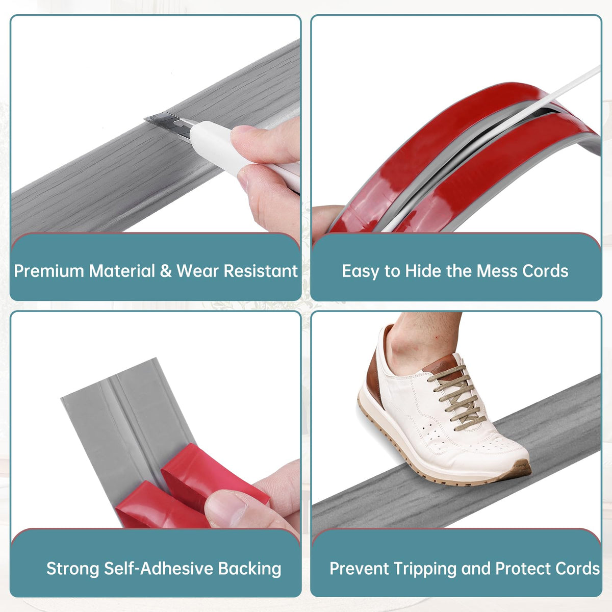 LSGCQ installed on hardwood floor hiding cords and preventing trip hazards
