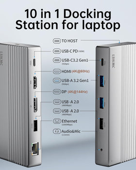 LSIKMC dock back ports closeup showing HDMI, DP, USB, and power, simplifies cable management