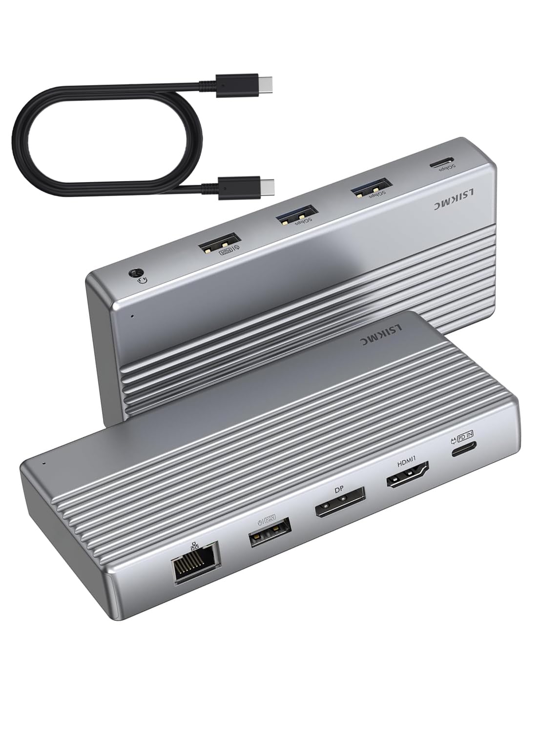 LSIKMC dock front view showing sleek enclosure and status lights, easy desktop organization