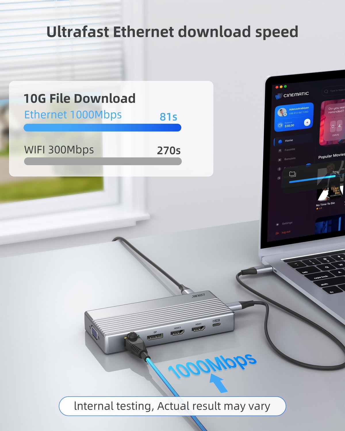 LSIKMC powering laptop with 100W PD showing continuous charging benefit