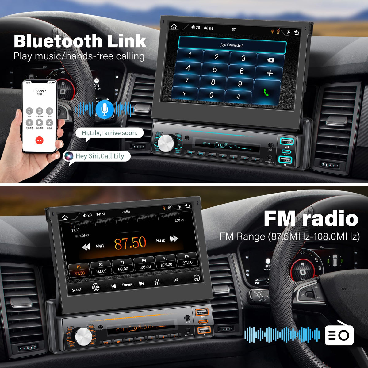 LSLYA Bluetooth FM AUX supports hands-free calls and real-time audio streaming.
