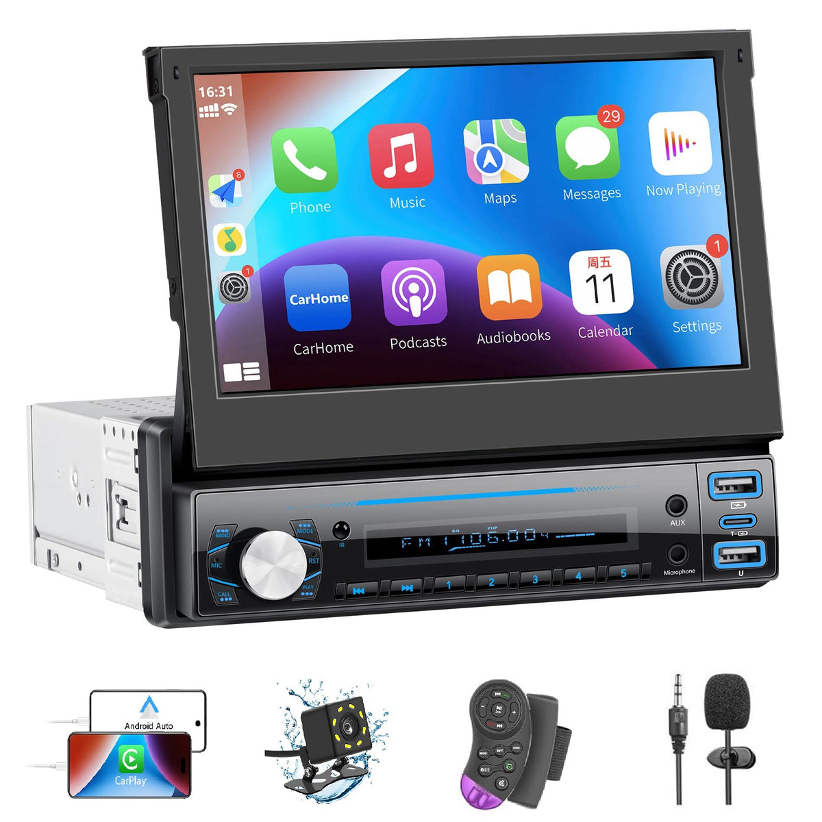 LSLYA single-din car stereo flip-out screen, enhancing in-car navigation and media access.