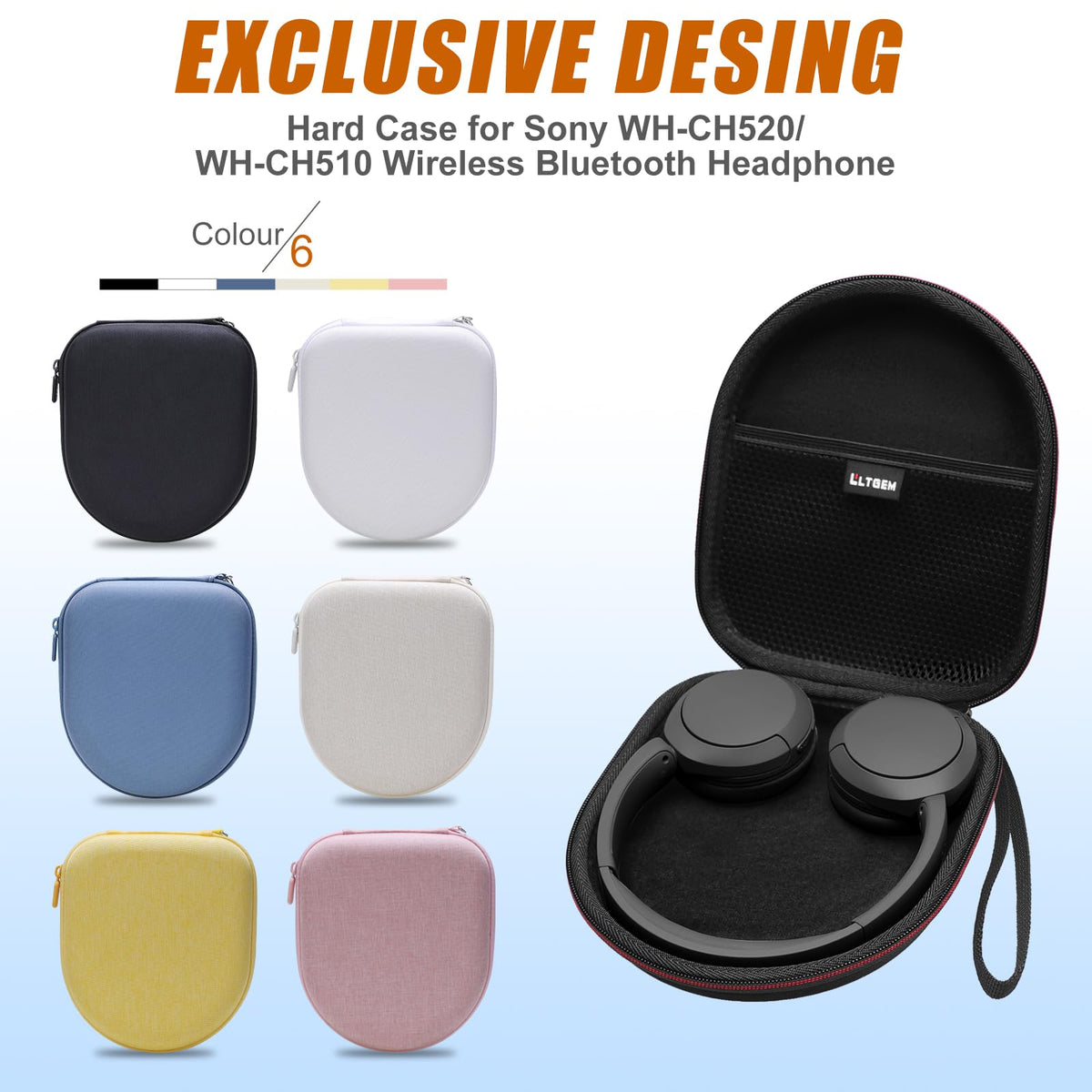 LTGEM case with headphones inside shows secure compact travel protection for WH-CH520 and CH-510