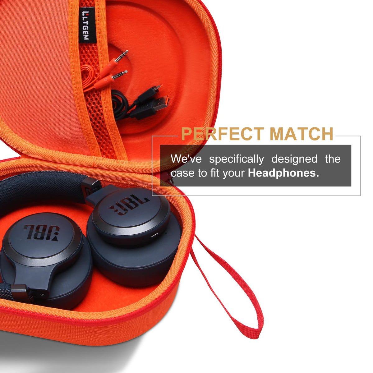 LTGEM JBL Tune 770NC orange case side view shows compact travel-friendly design.