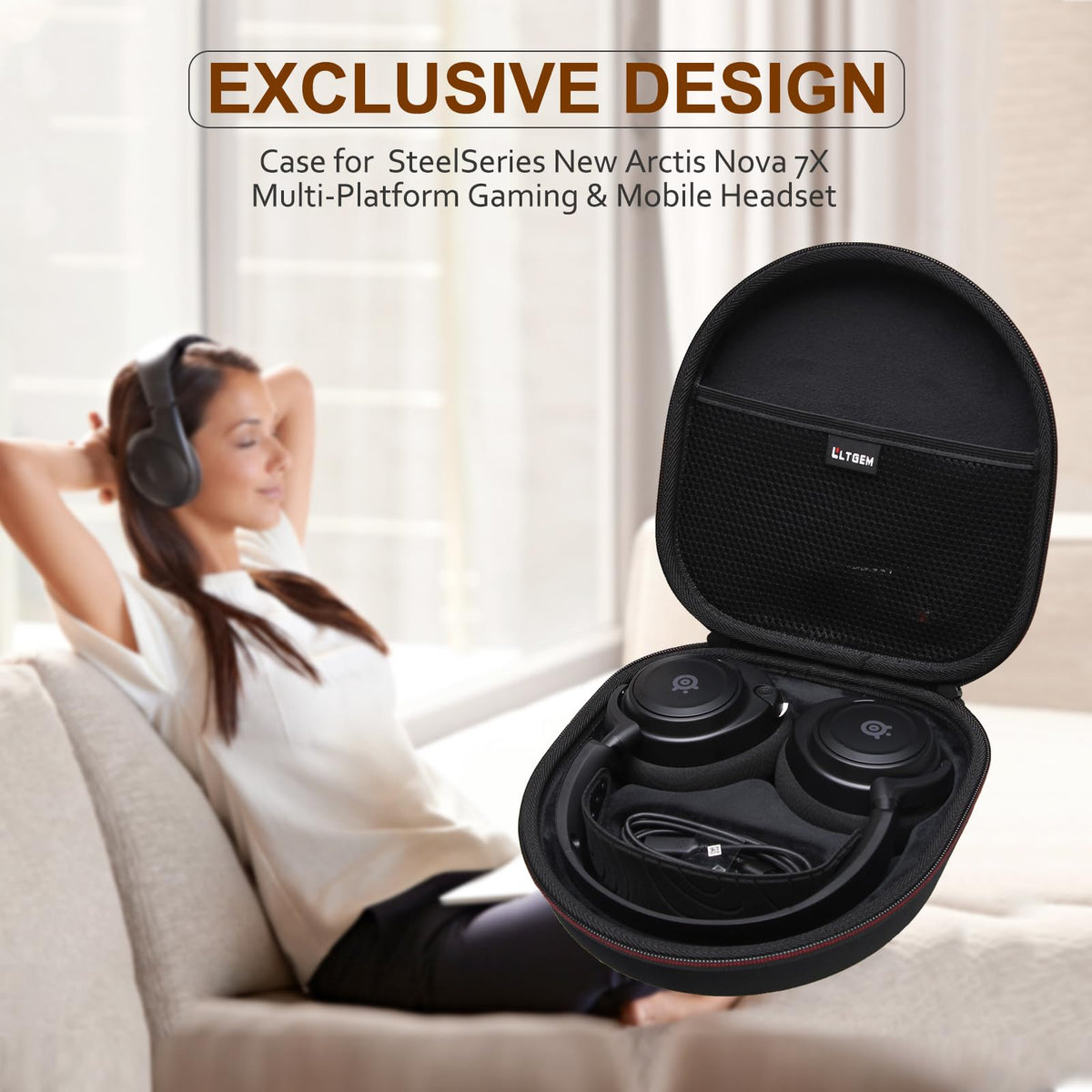 LTGEM travel-ready case beside headset, compact storage solution