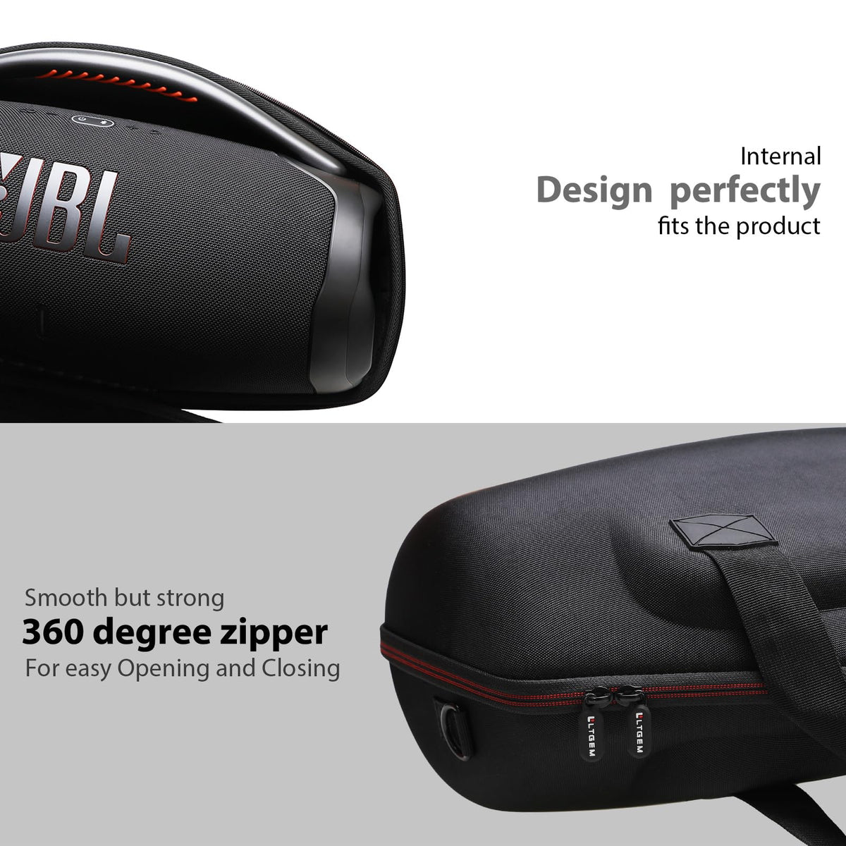 LTGEM zipper detail highlighting 360-degree smooth closure for JBL Boombox 3