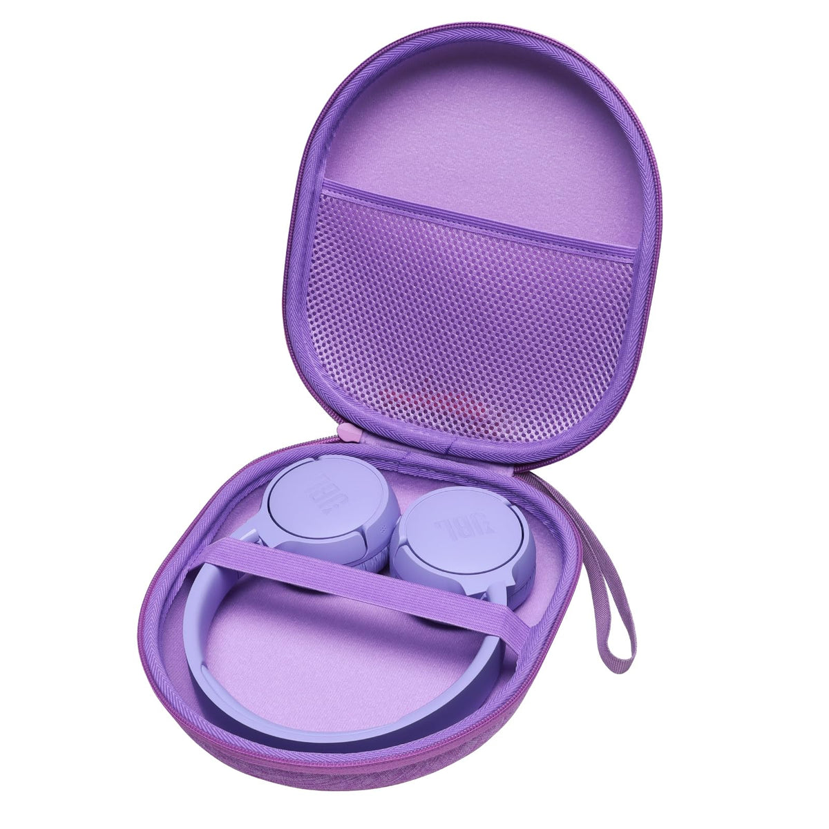 L LTGEM case interior with holding belt secures headphones during travel