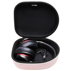 LTGEM headphone case with pink and black outer protects headphones on the go