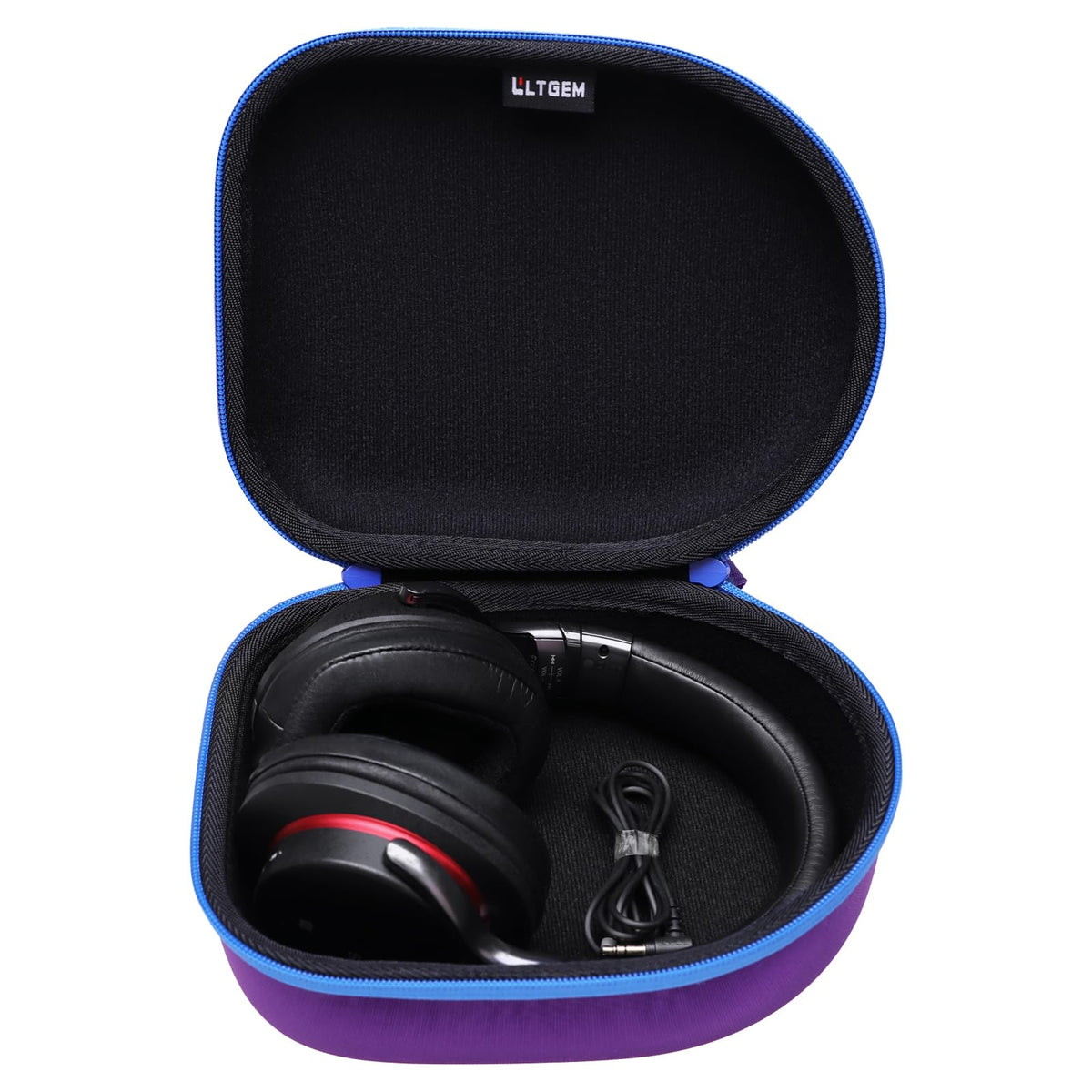 L LTGEM headphone case purple-black front view protects headphones on the go.