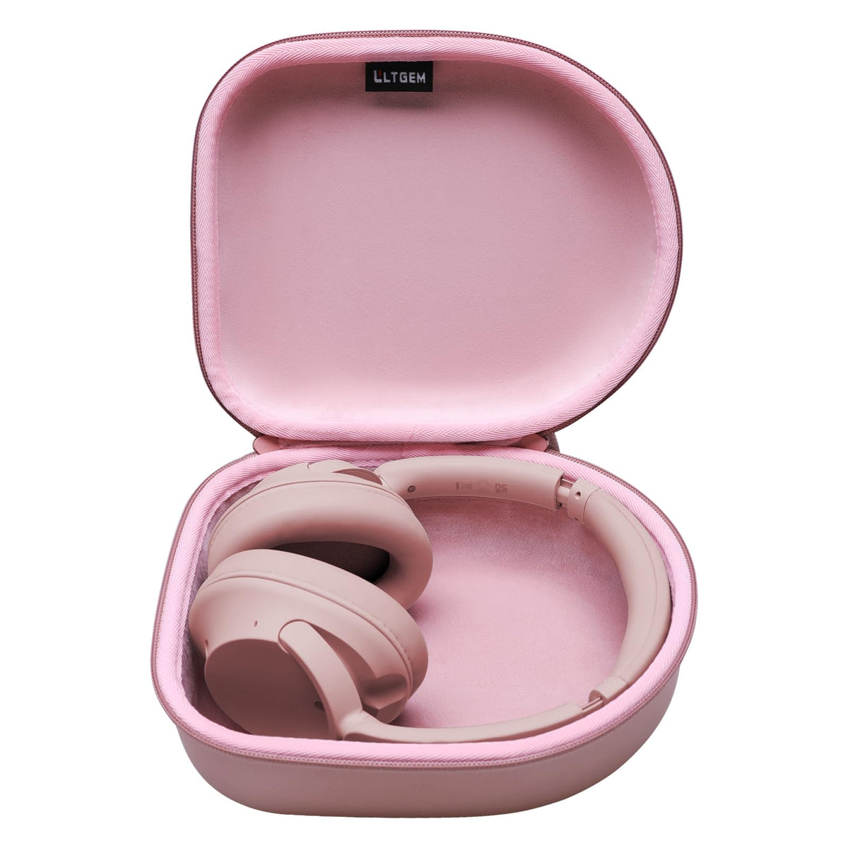 L LTGEM headphone case front view in rose gold protects headphones on the go.