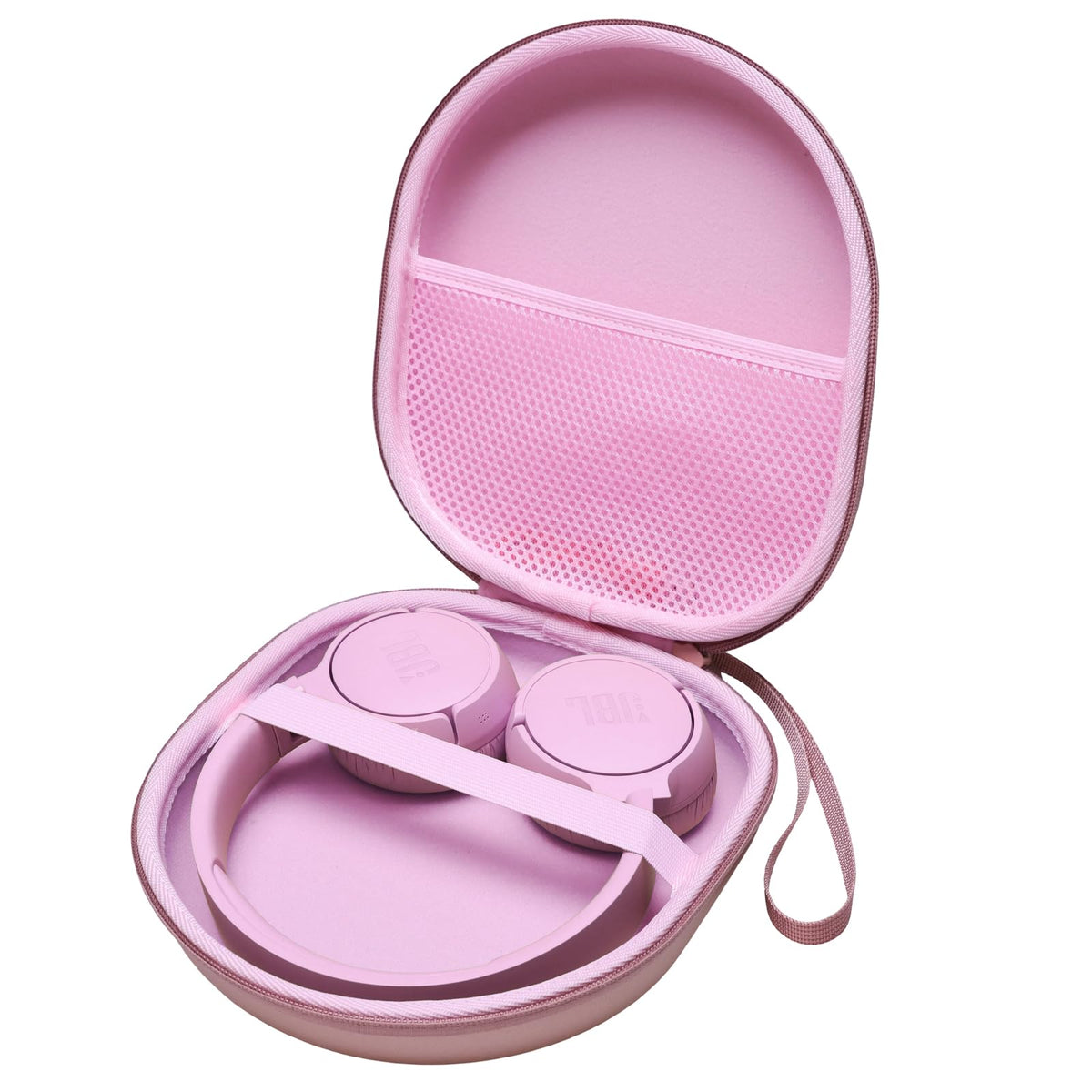 L LTGEM rose gold headphone case, open pocket view for cables and accessories.