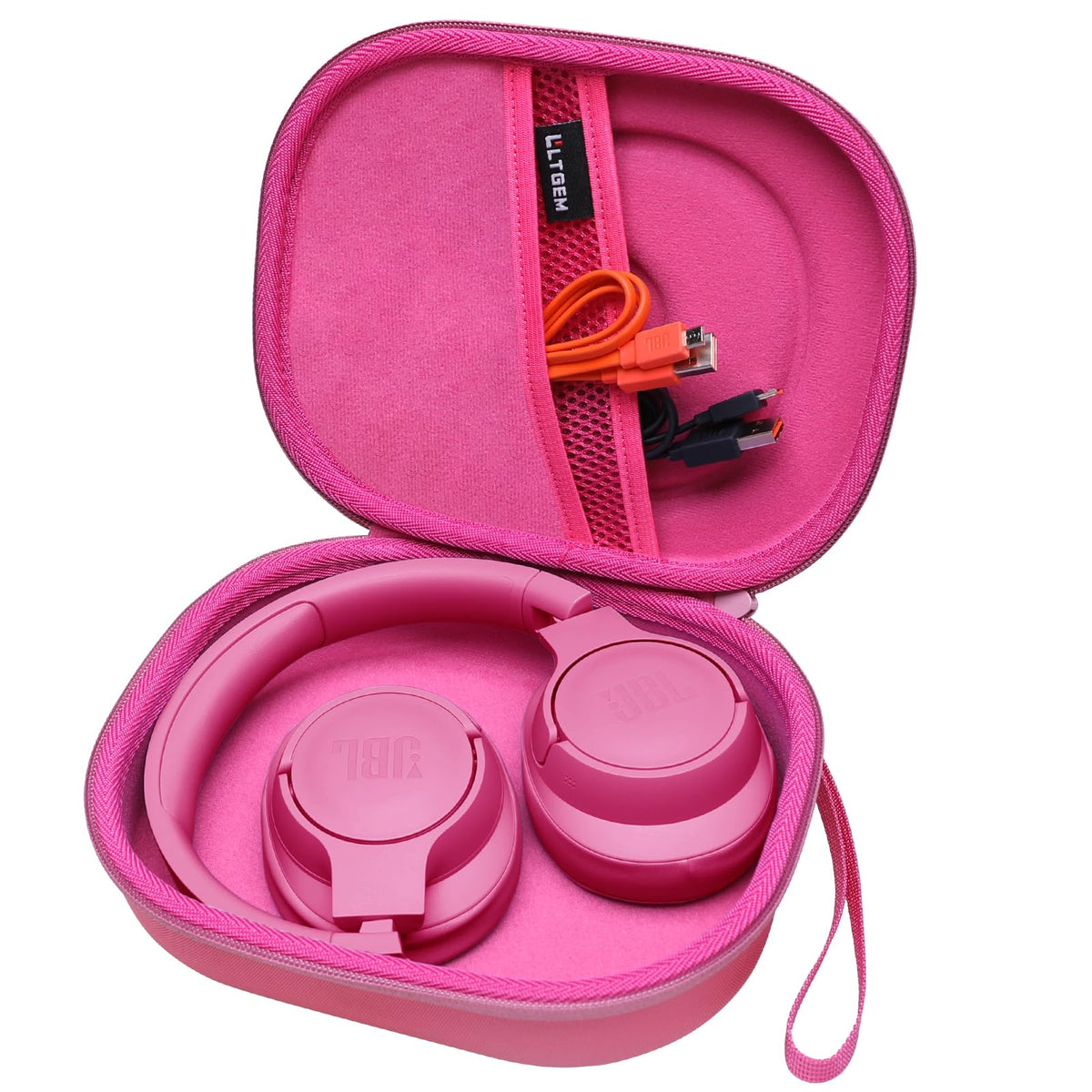 LTGEM JBL case rose red front view shows secure, compact protection for headphones.