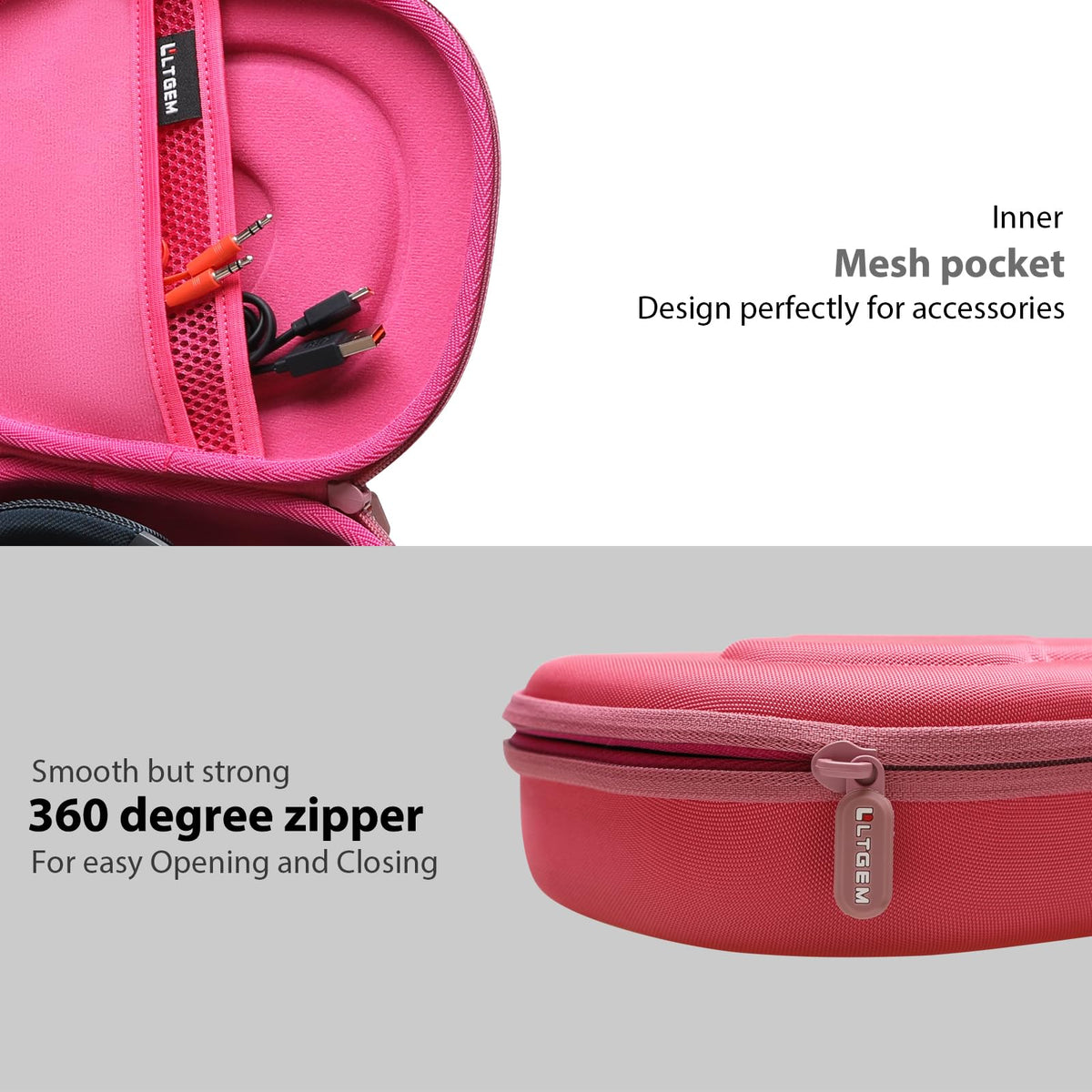 LTGEM JBL case rose red smooth 360-degree zipper for easy opening.