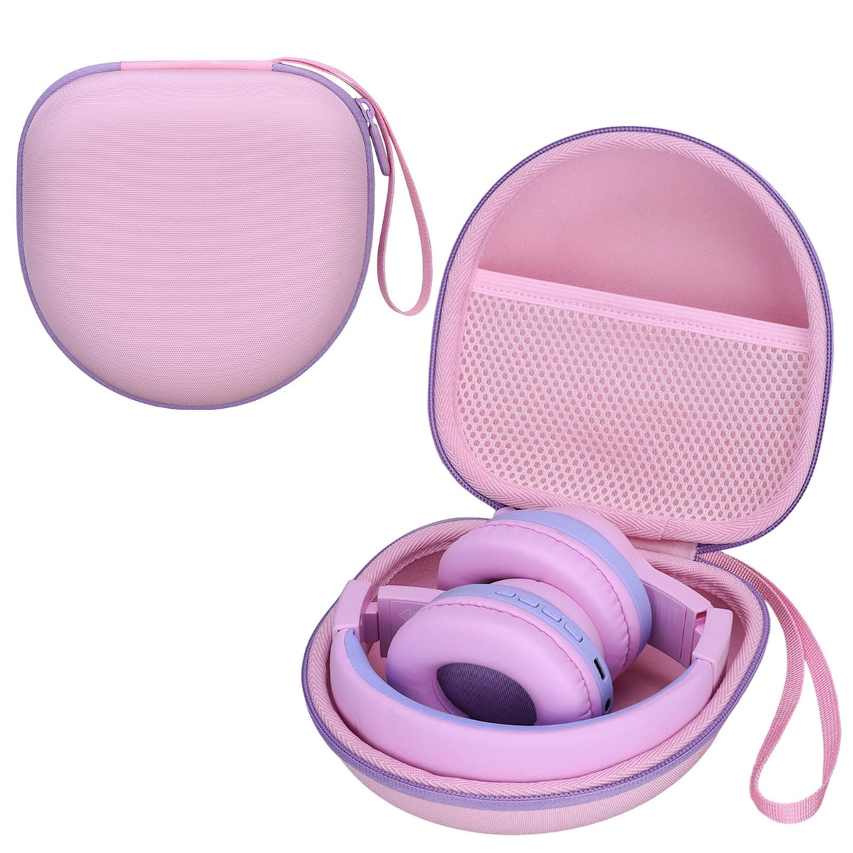 L LTGEM kids headphones case front view (pink purple edge) protects headphones on the go.
