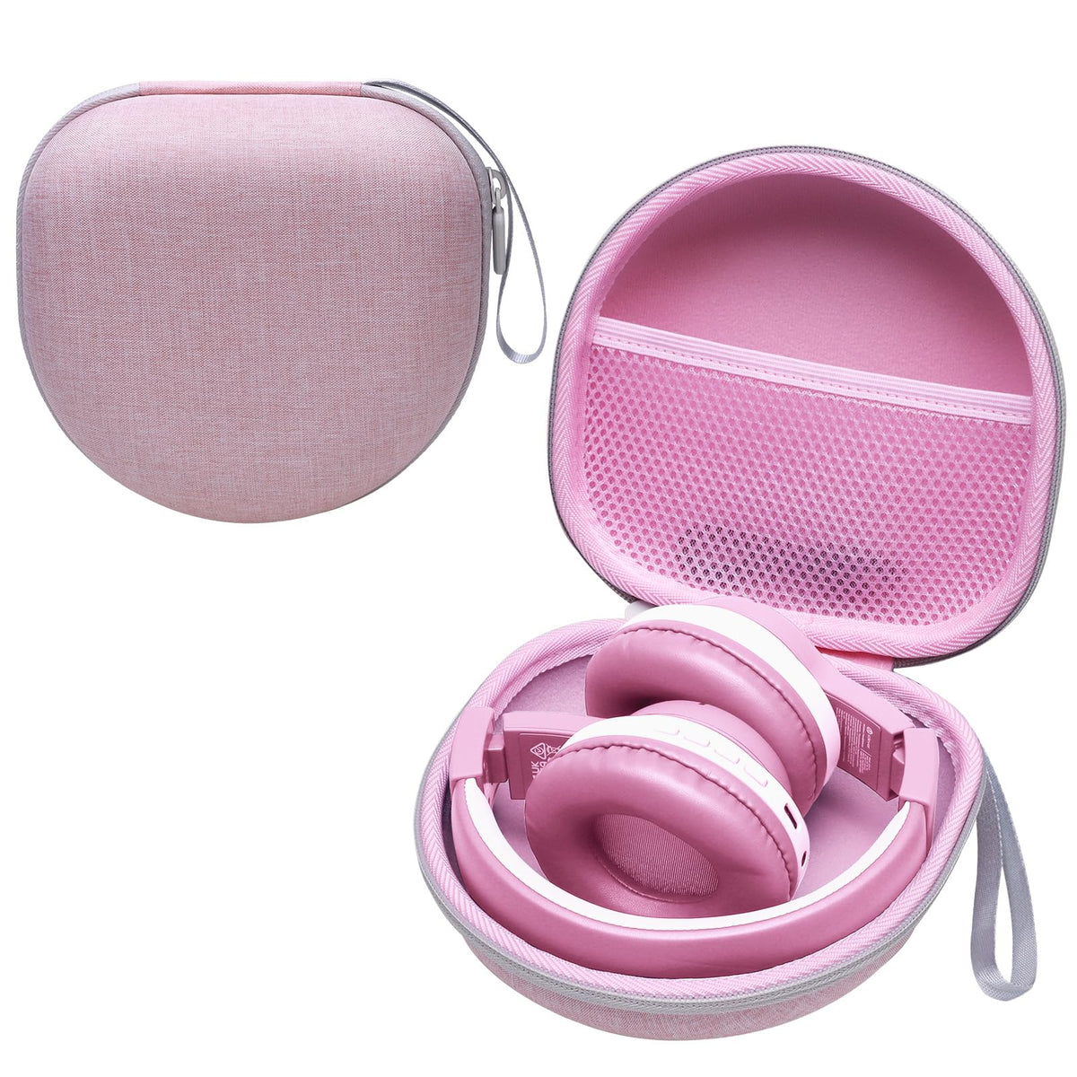 L LTGEM pink kids headphones case with a hard shell protecting against bumps during travel.