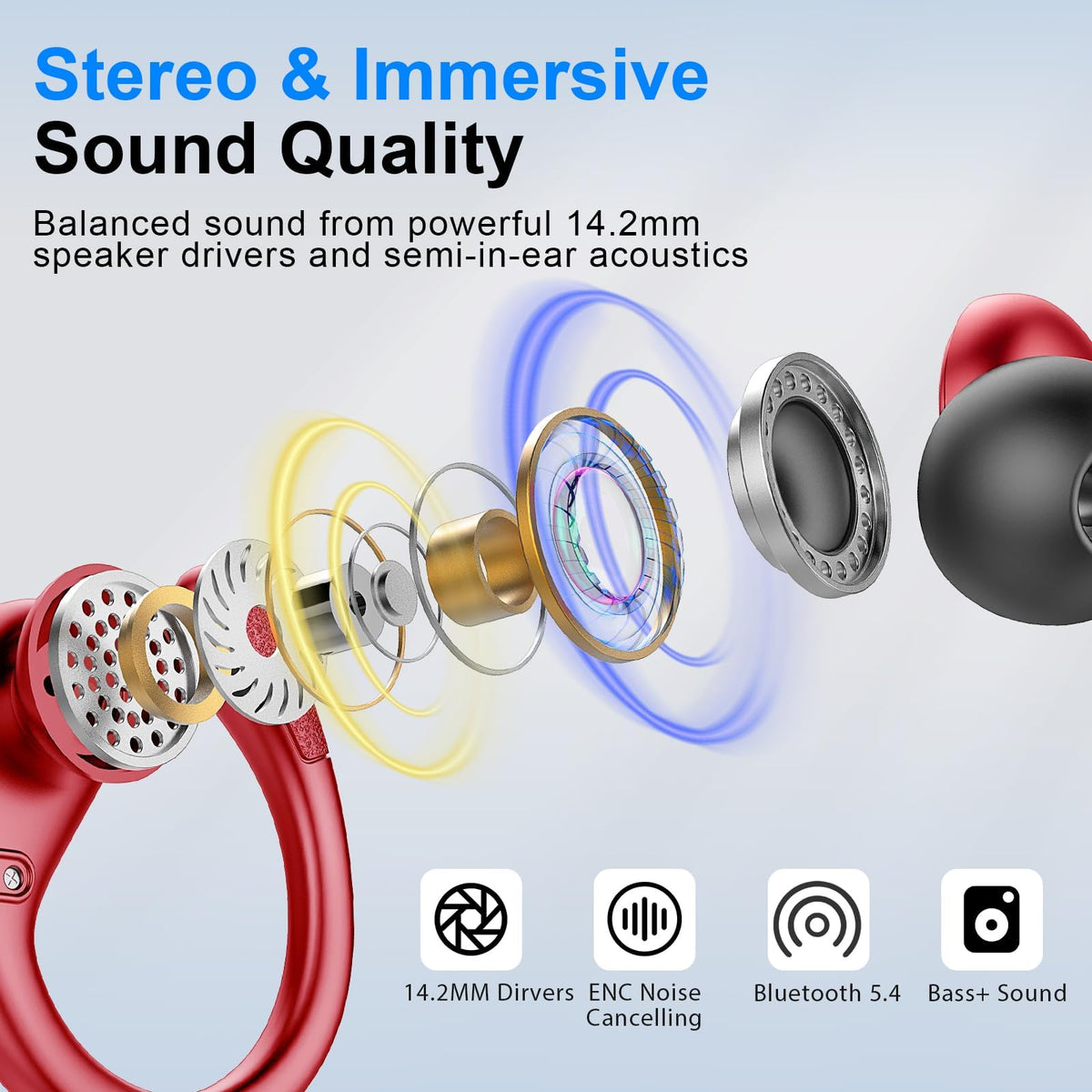 Ltinist earbud with earhook fitted in ear, provides secure fit for workouts
