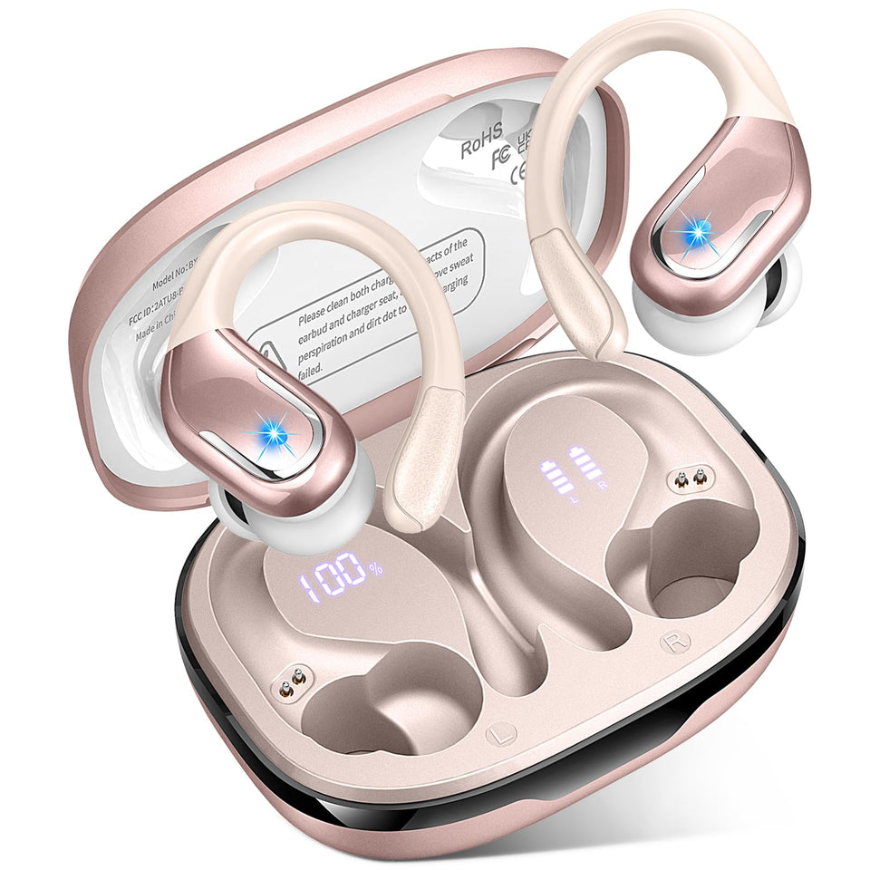 Ltinist front packaging showing rosegold earbuds and features, highlights long battery